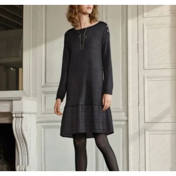 Poetry Women's Sz 10 Grey Baby Alpaca Wool Linen Blend Sweater Dress Plaid Trim - Picture 1 of 7